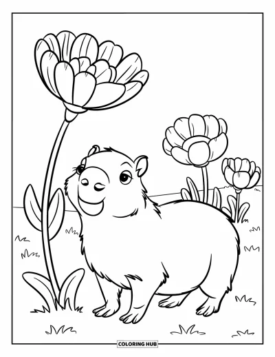 Målarbild med kapybara för barn: Glad kapybara står nära en stor blomma på ett gräsfält