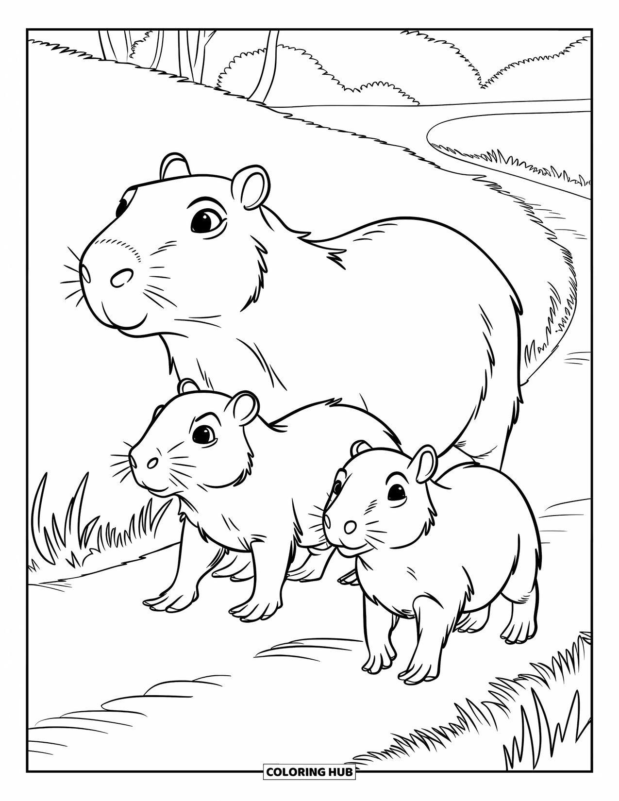 Capybara Coloring Page for Kids: Mom capybara and babies walk a grassy path surrounded by trees