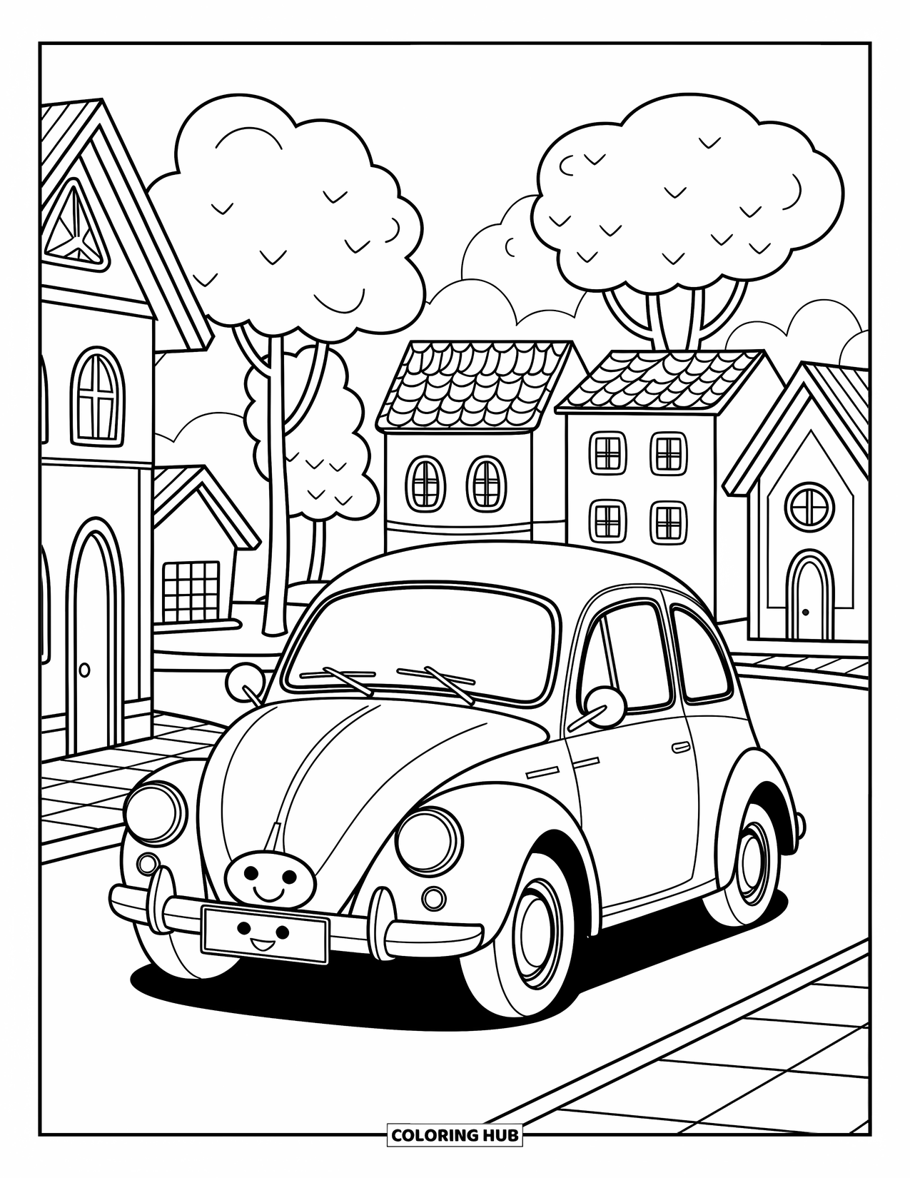 Car Coloring Page for Adults: A cheerful car cruises a tiny town square with fluffy trees and a smiling license plate