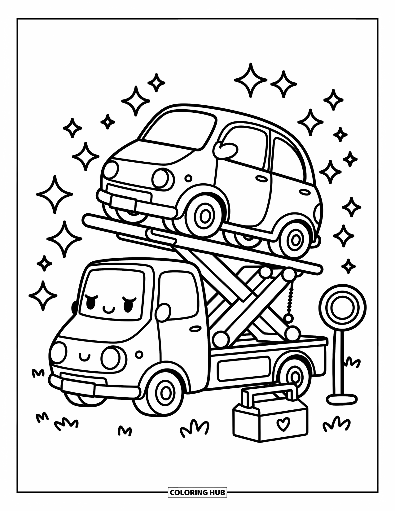 Car Coloring Page for Adults: A cheerful tow truck lifts a sleepy car near stars, a traffic light, and a toolbox