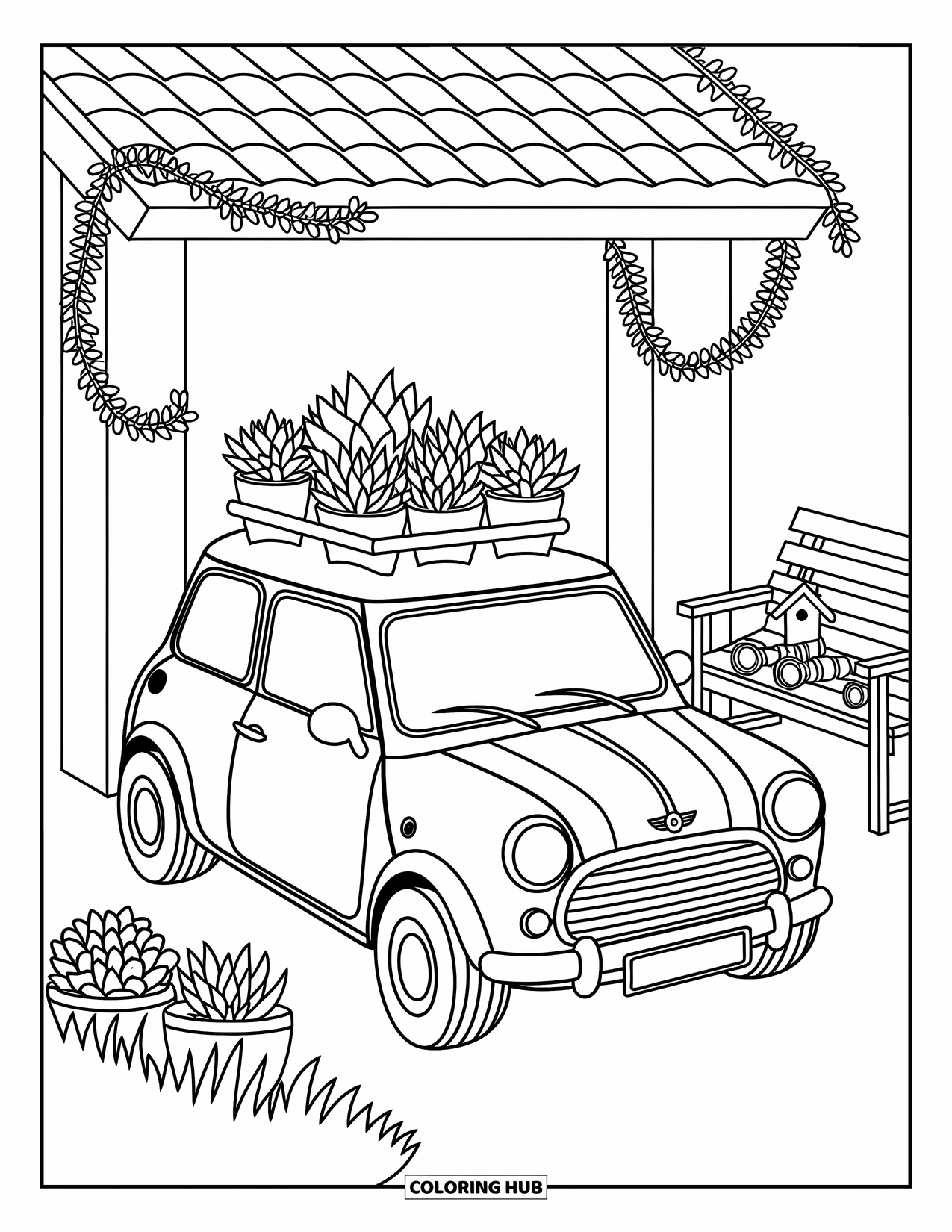 Car Coloring Page for Adults: A mini car parked in a rooftop garden with vines, plants, and whimsical accessories