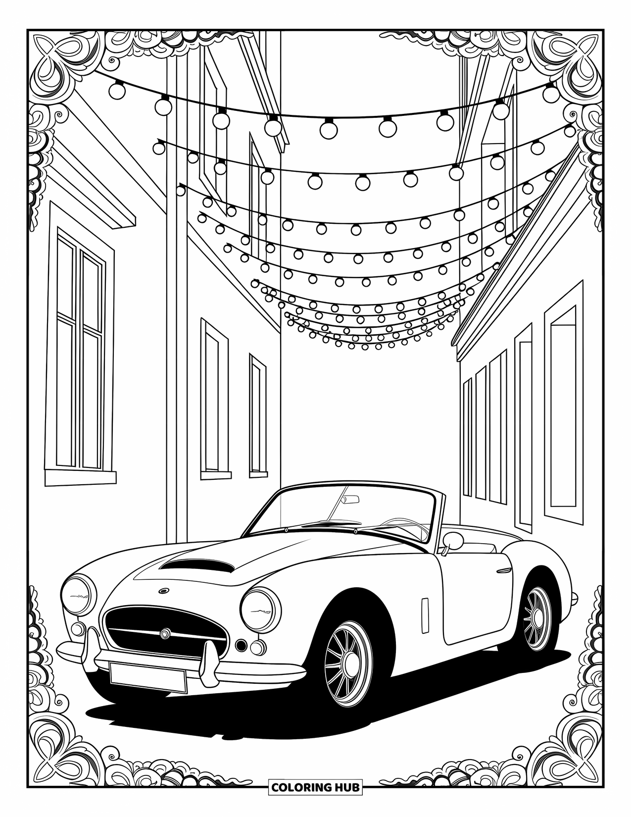 Car Coloring Page for Adults: A roadster parked beneath glowing string lights in a quaint alley