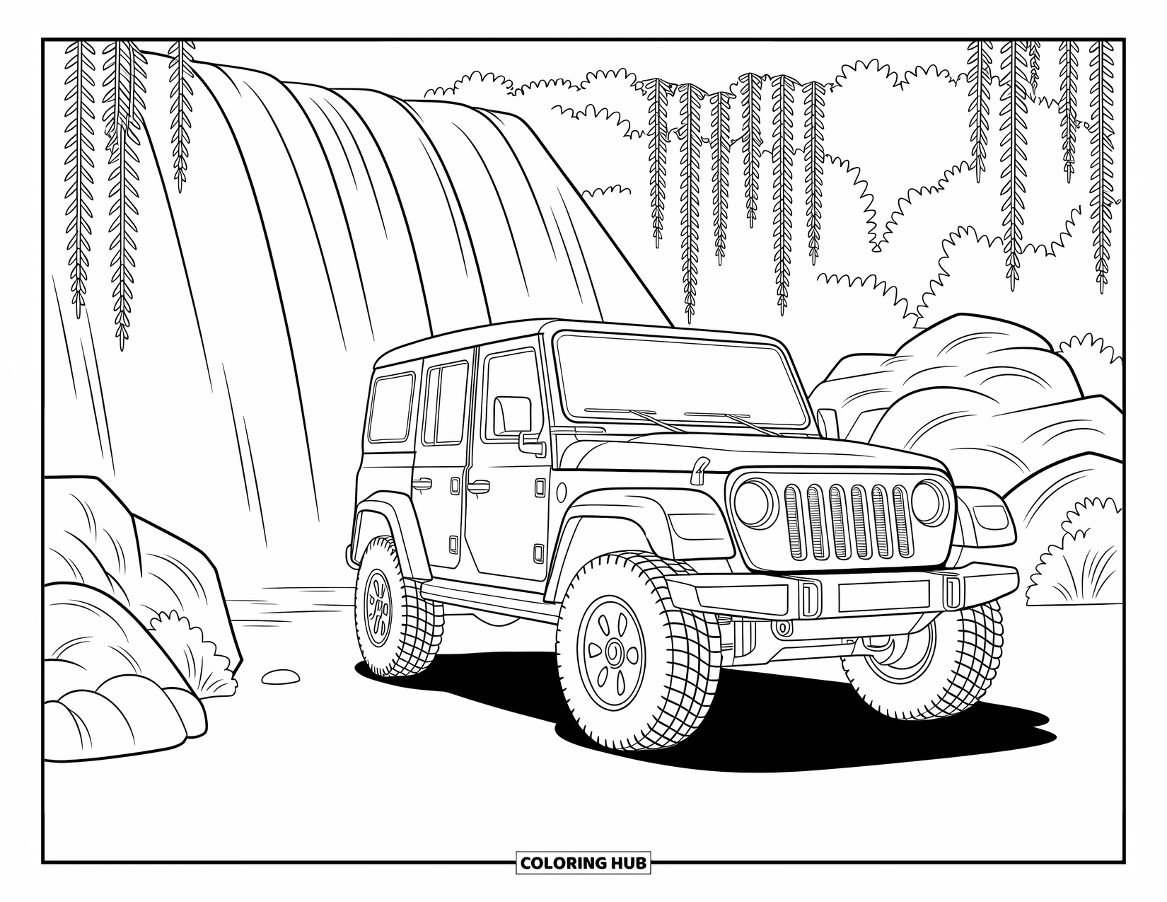 Car Coloring Page for Adults: A rugged off-road vehicle parked near a misty waterfall with rocks and hanging vines