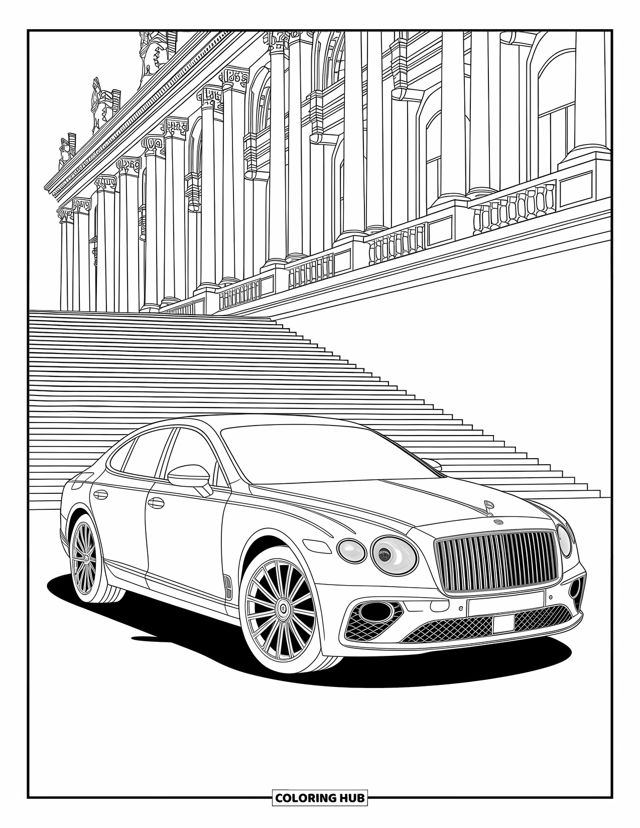 Car Coloring Page for Adults: A sleek car sits in front of an ornate opera house and sweeping staircase