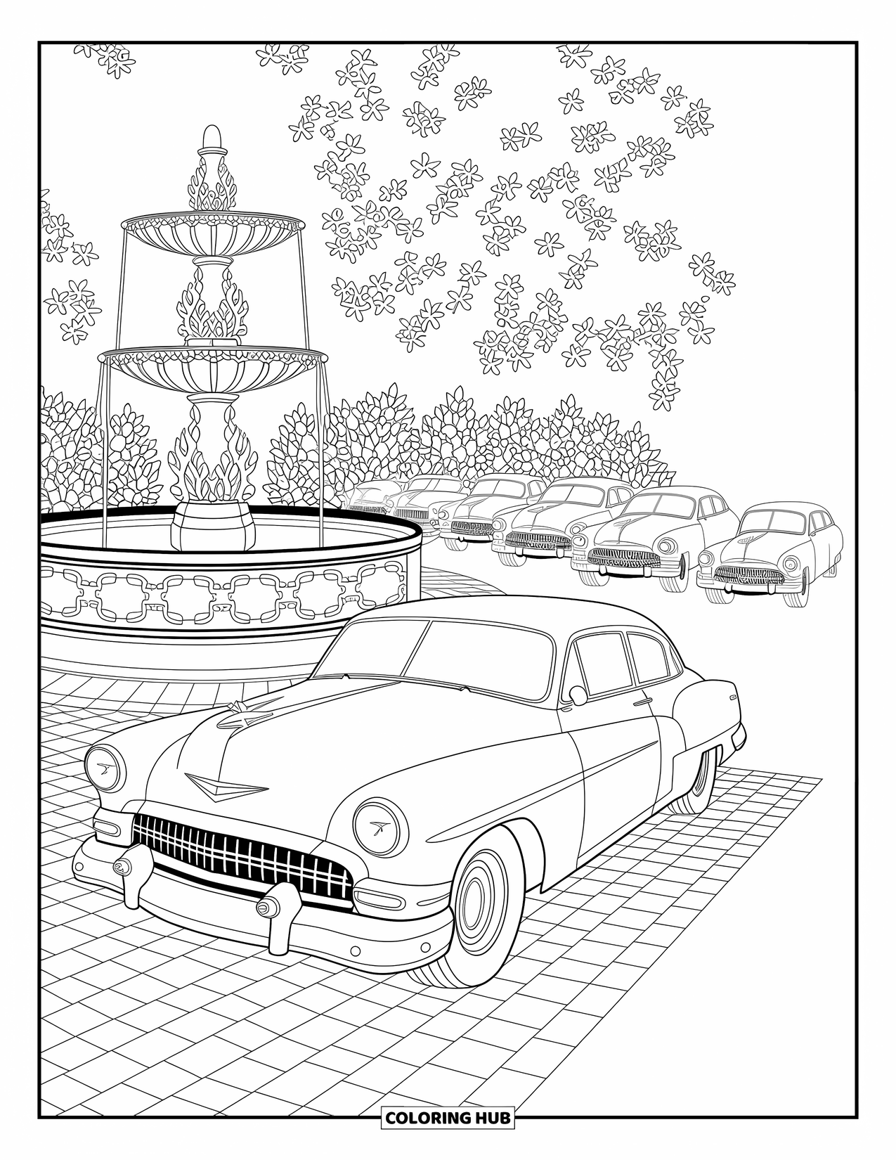 Car Coloring Page for Adults: Classic cars sit in a cobblestone plaza with an elegant fountain surrounded by foliage