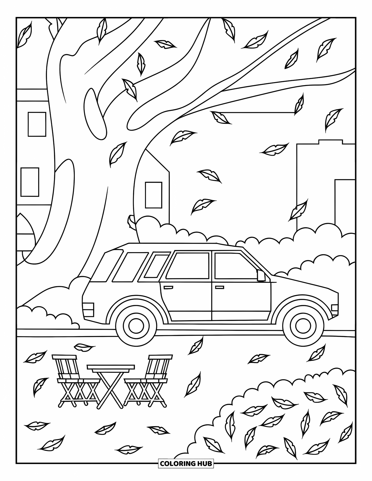 Car Coloring Page for Kids: A car parks under a tree with falling leaves near a small picnic setup and buildings