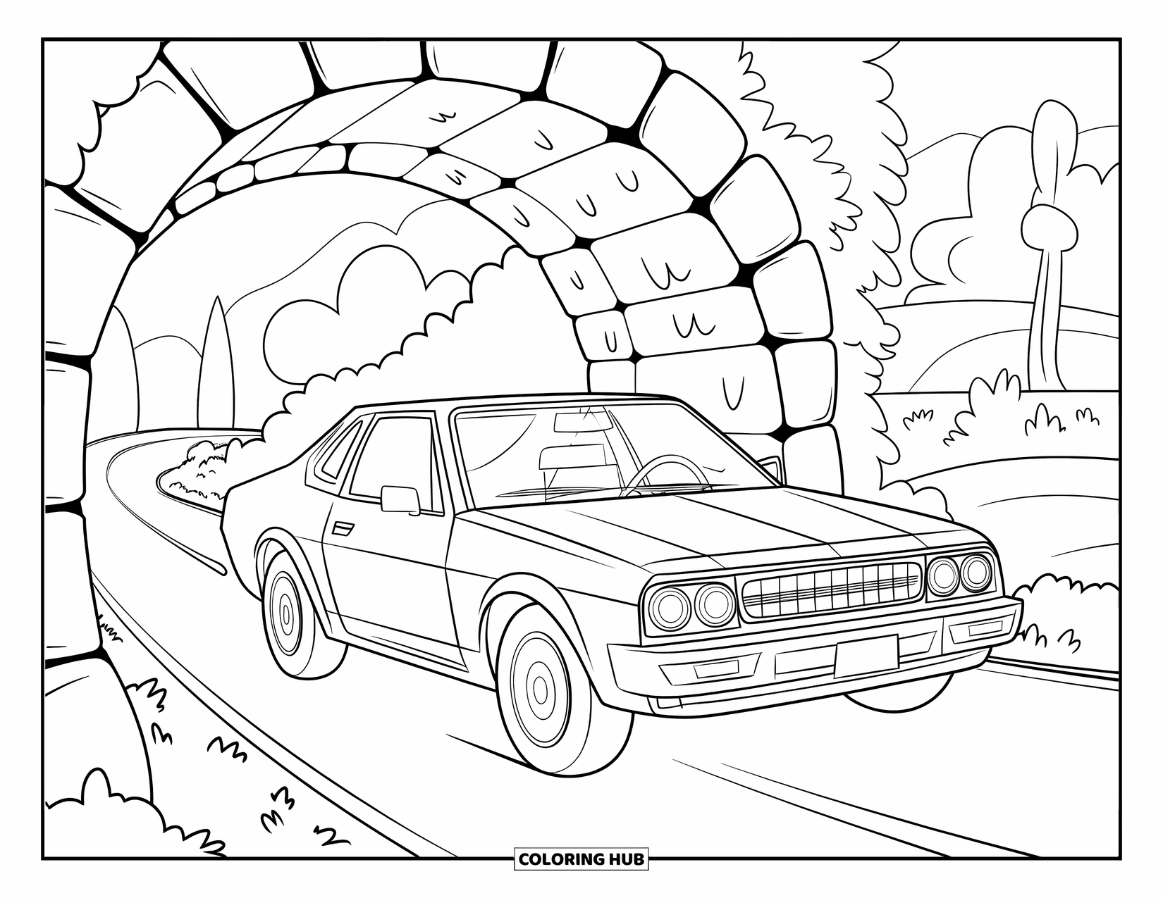 Car Coloring Page for Kids: A car with sharp edges rolls through a tunnel into a calm, open landscape