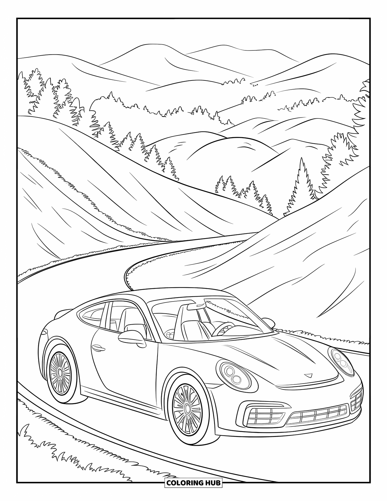 Car Coloring Page for Kids: A cheerful car zips along a curvy mountain path surrounded by trees and green hills