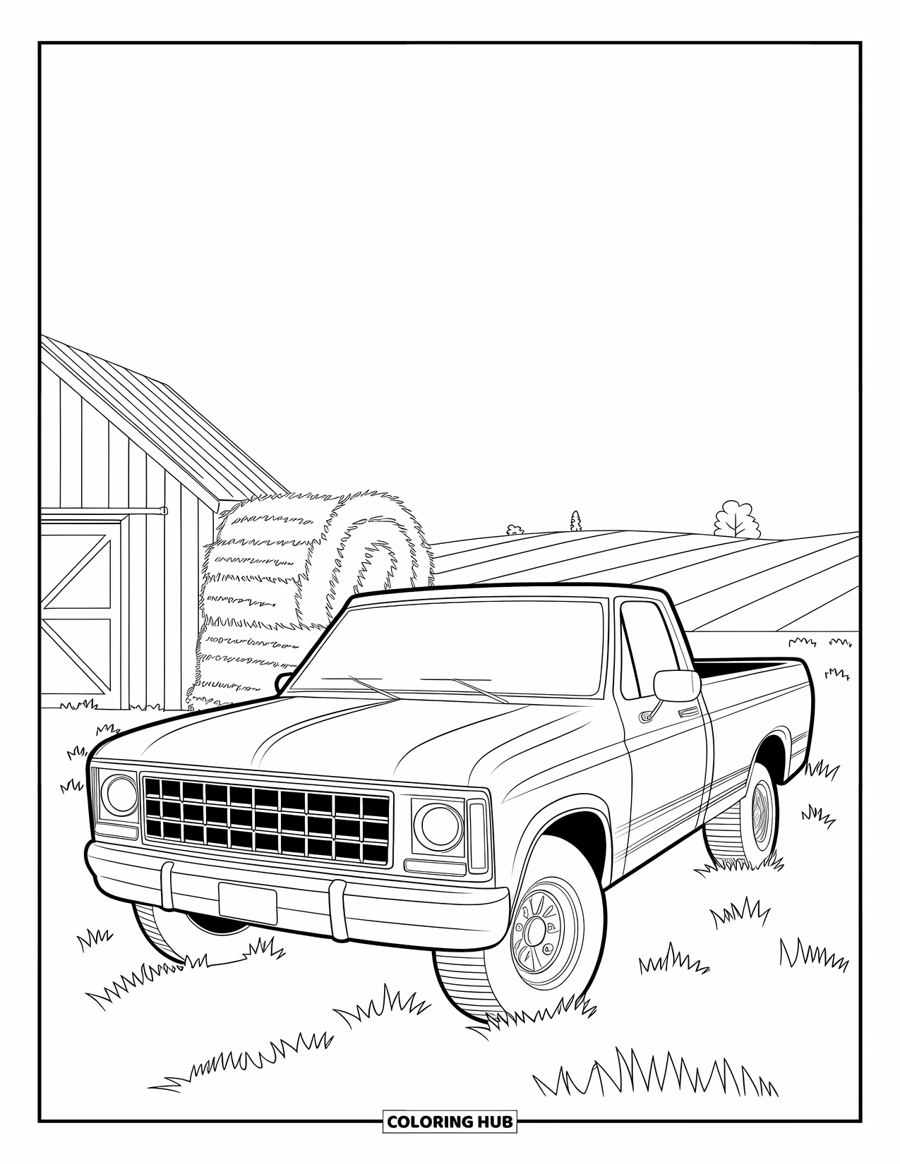 Car Coloring Page for Kids: A classic truck is parked near a barn and haystack in a hilly landscape