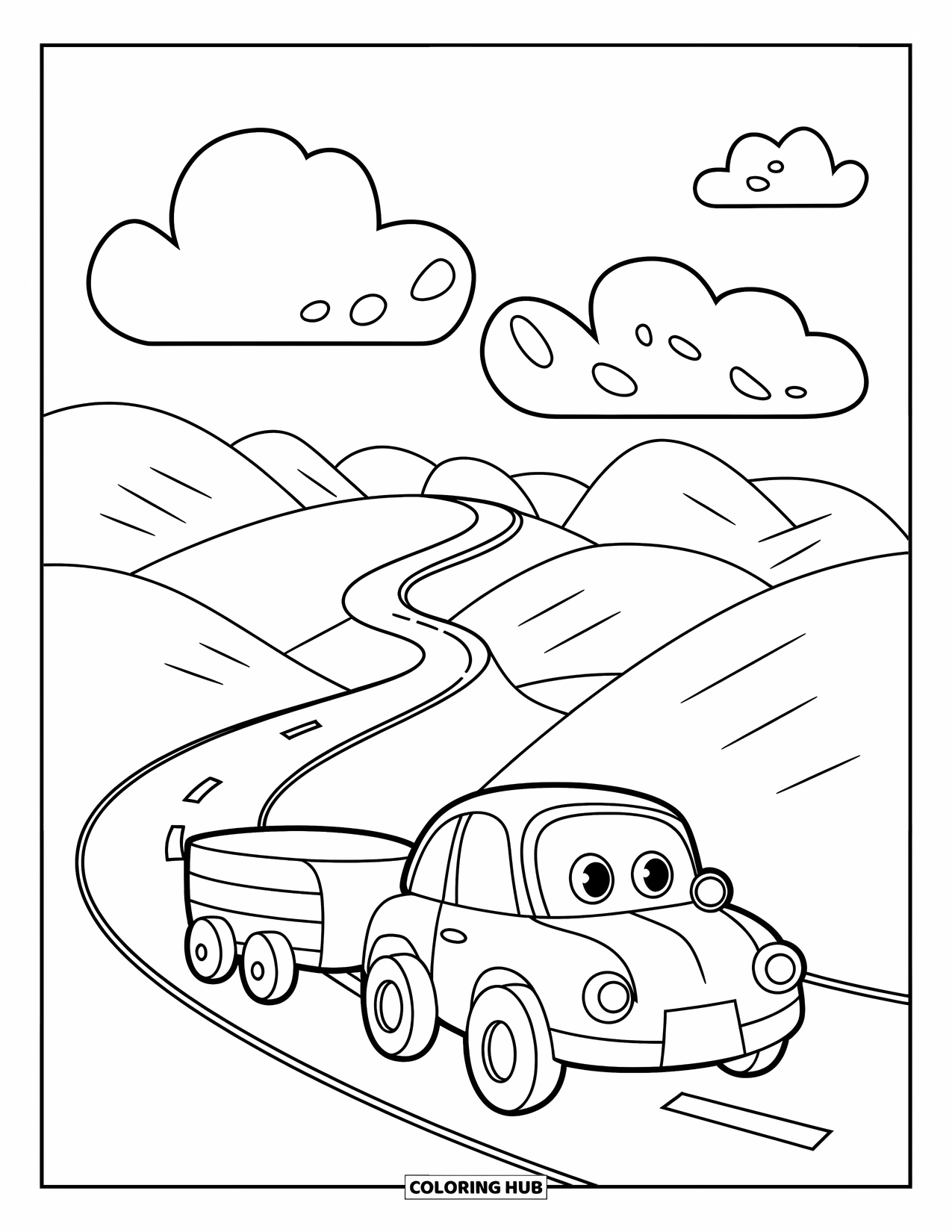 Car Coloring Page for Kids: A cute car with a small trailer rolls down a twisty road beneath dotted fluffy clouds