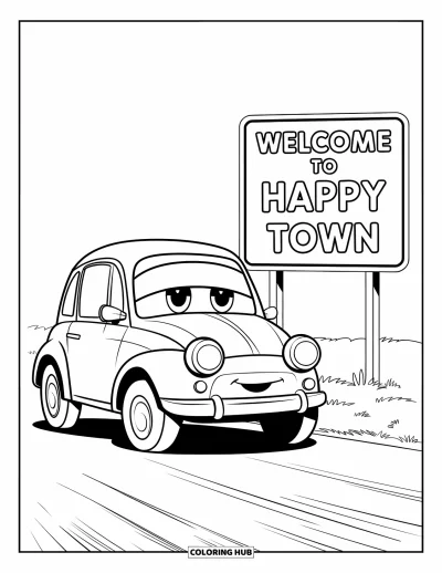 어린이를 위한 자동차 색칠공부: 큰 헤드라이트의 귀여운 자동차가 "Welcome to Happy Town"이라고 적힌 표지판 근처에 주차되어 있다