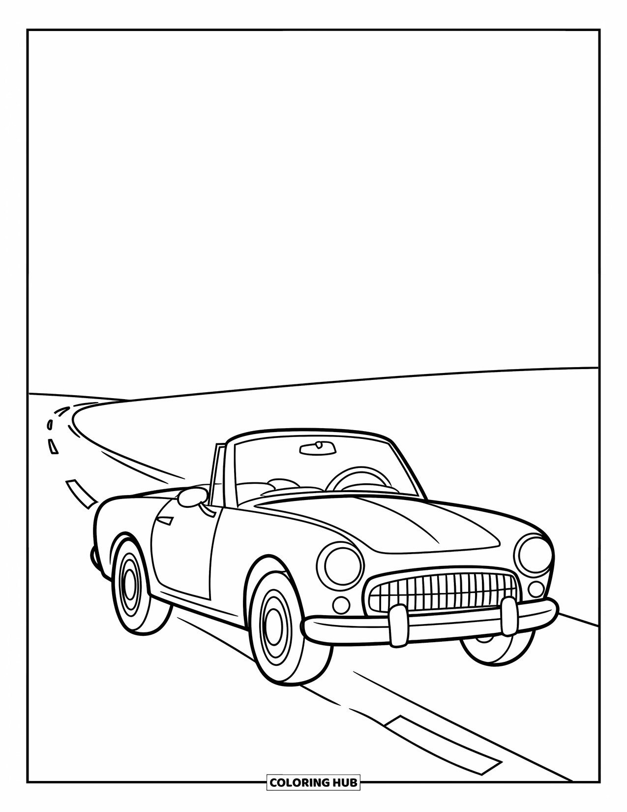 Car Coloring Page for Kids: A cute convertible car sits on a quiet road that stretches into the distance
