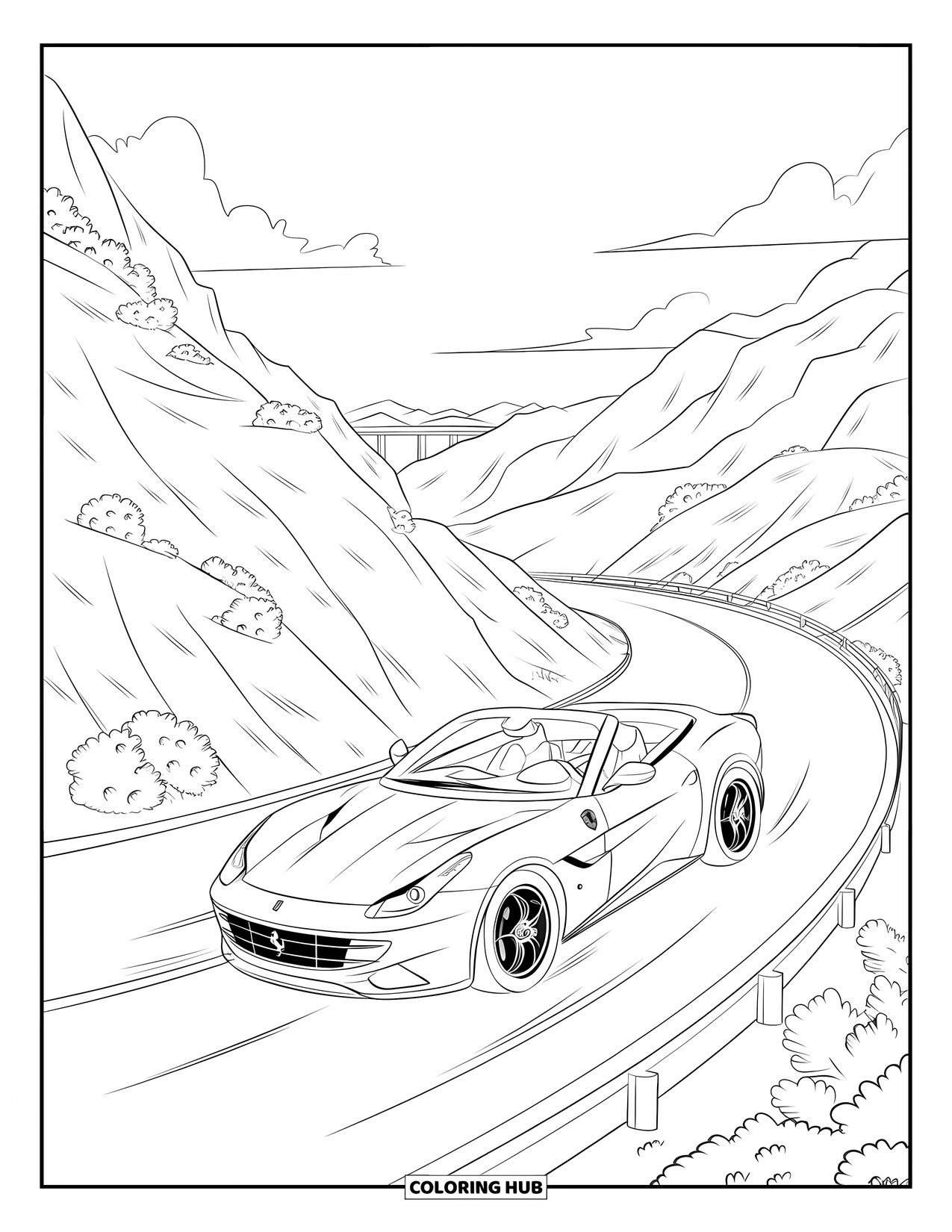 Car Coloring Page for Kids: A Ferrari zooms down a curvy mountain road past shrubs, cliffs, and a distant bridge