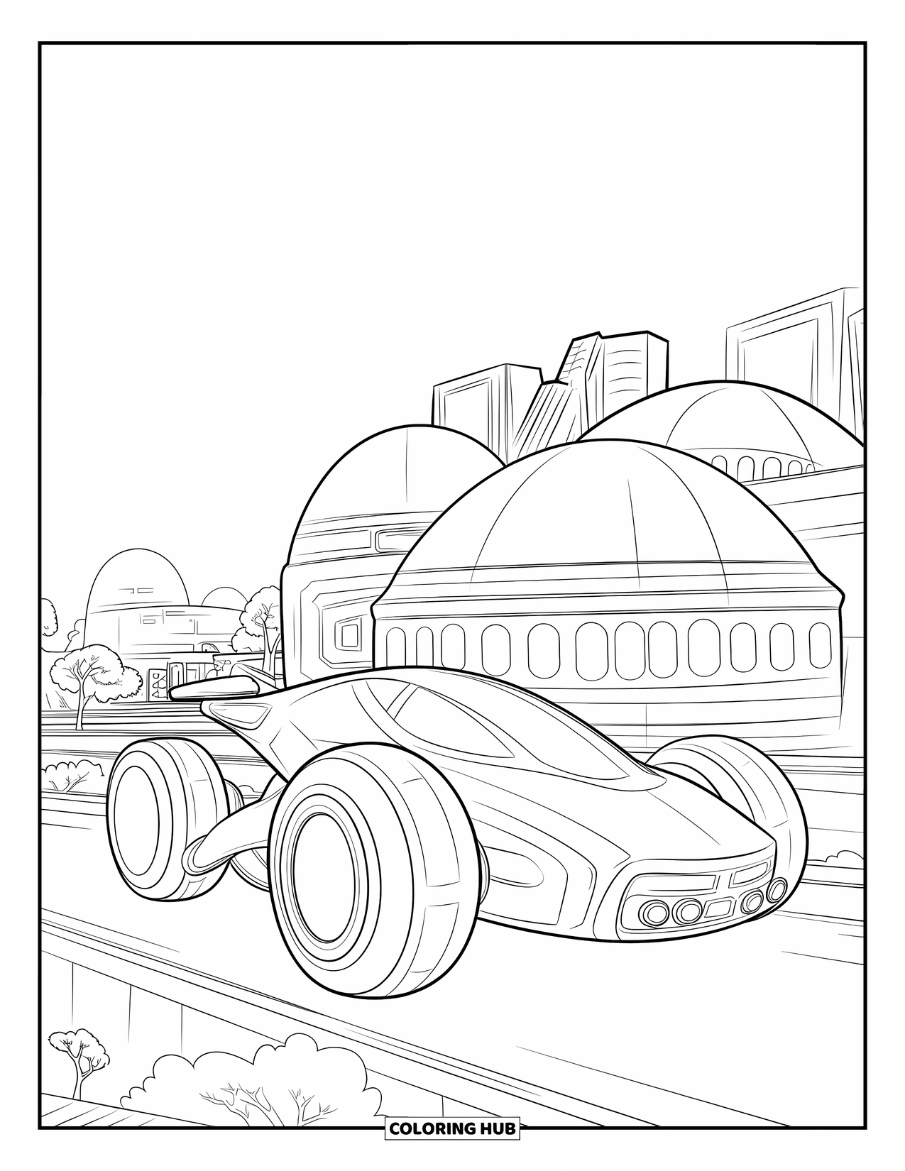 Car Coloring Page for Kids: A futuristic hover car sits beside domed city buildings with trees and a nearby road