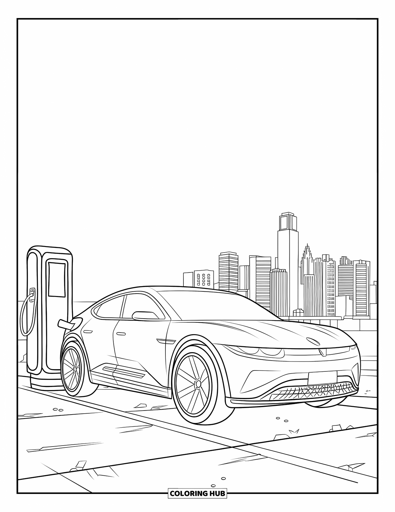 Car Coloring Page for Kids: A modern electric car charges near the city with a stylish design