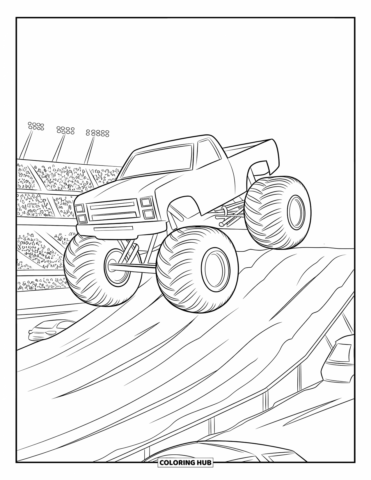 Car Coloring Page for Kids: A monster truck launches off a dirt ramp in a stadium with cars and cheering fans