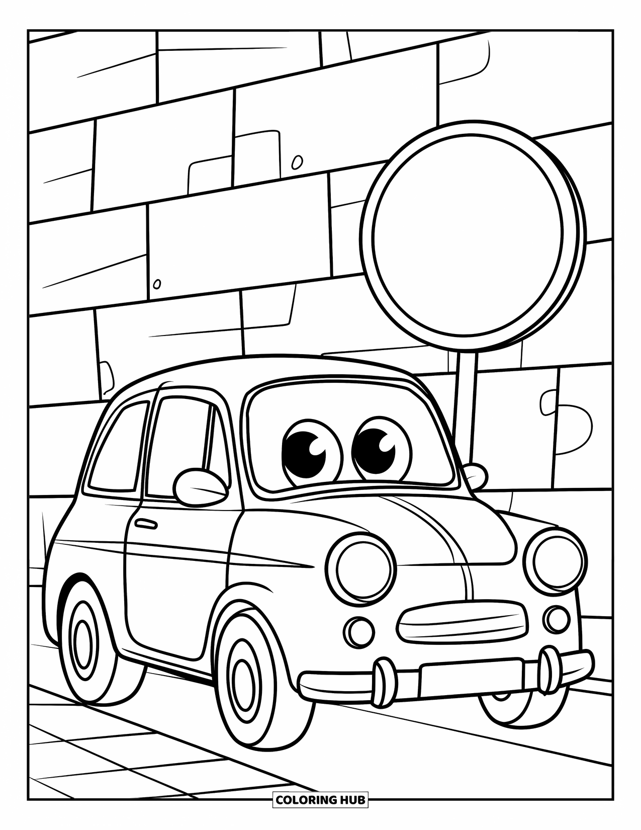 Car Coloring Page for Kids: A round little car is parked beside a road sign and a wall with a few bricks showing