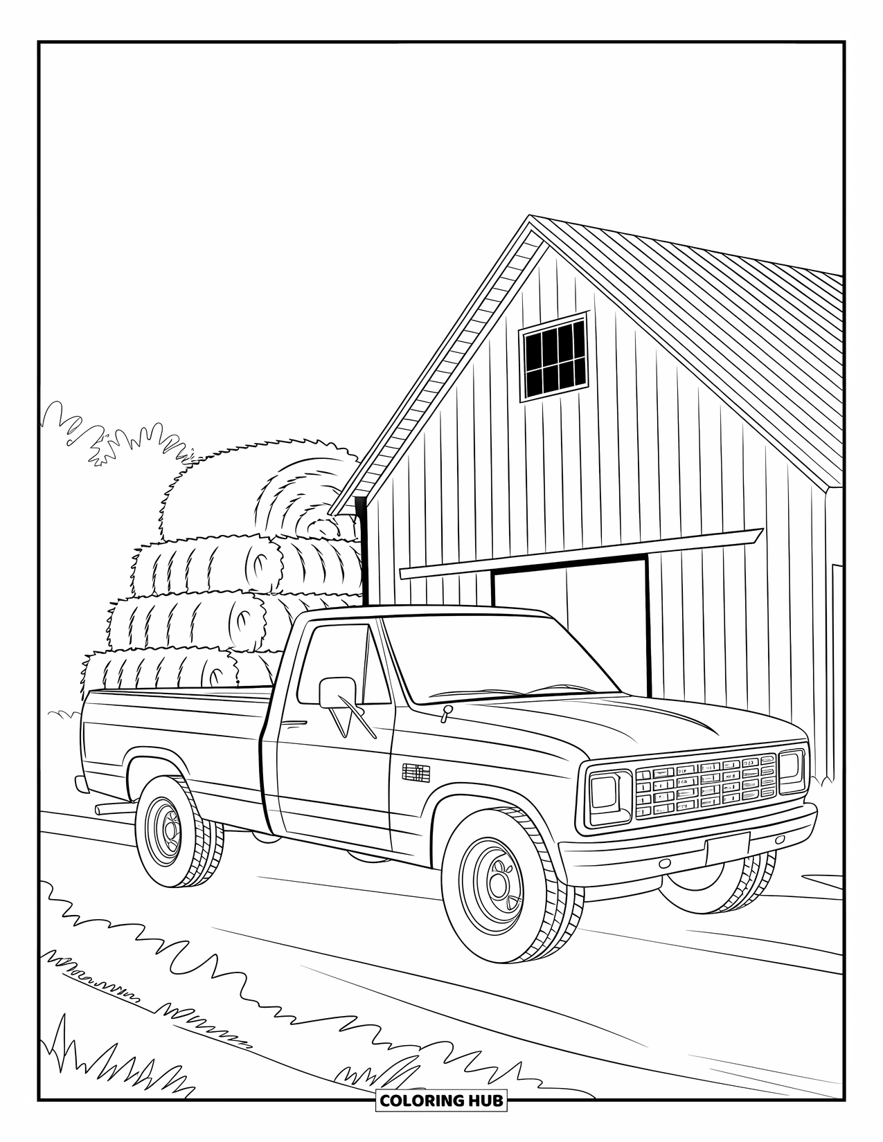 Car Coloring Page for Kids: A scratched pickup truck rests near a barn, hay, and trees along a dirt road
