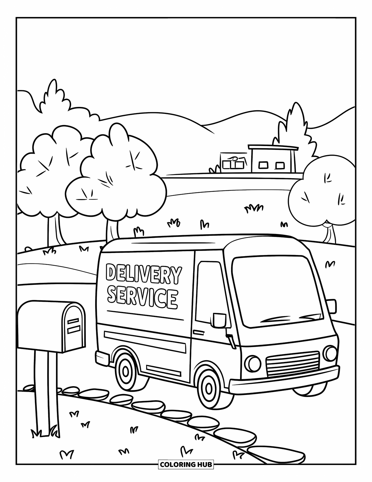 Car Coloring Page for Kids: A short delivery van is parked near a small mailbox and a winding stone path