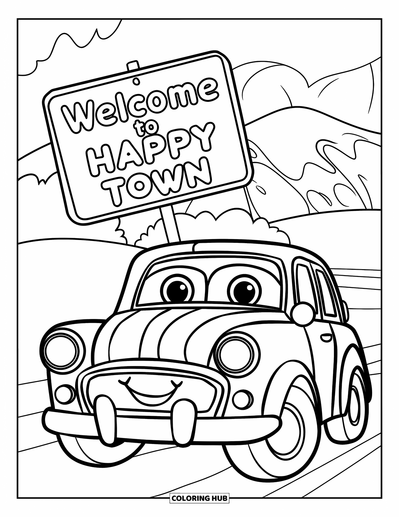 Car Coloring Page for Kids: A smiling car rests beside a cheerful road sign in a friendly and open setting