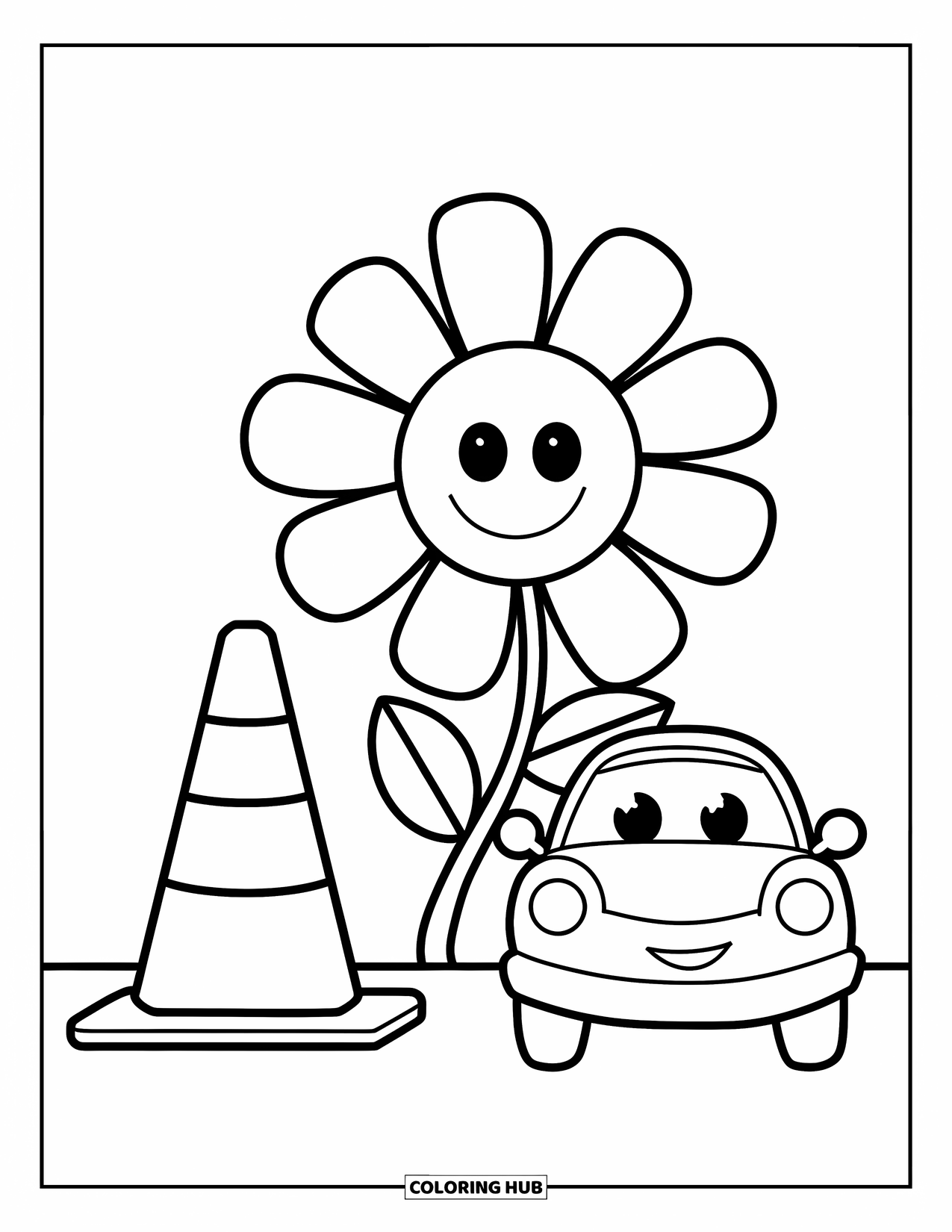 Car Coloring Page for Kids: A smiling car rests by a giant flower with soft petals and a wide traffic cone