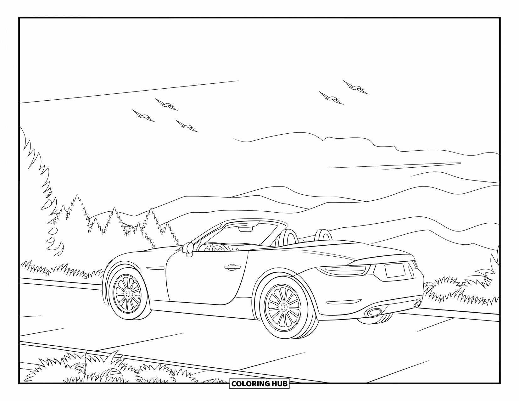 Car Coloring Page for Kids: A top-down convertible parks at an overlook surrounded by trees, mountains, and flying birds