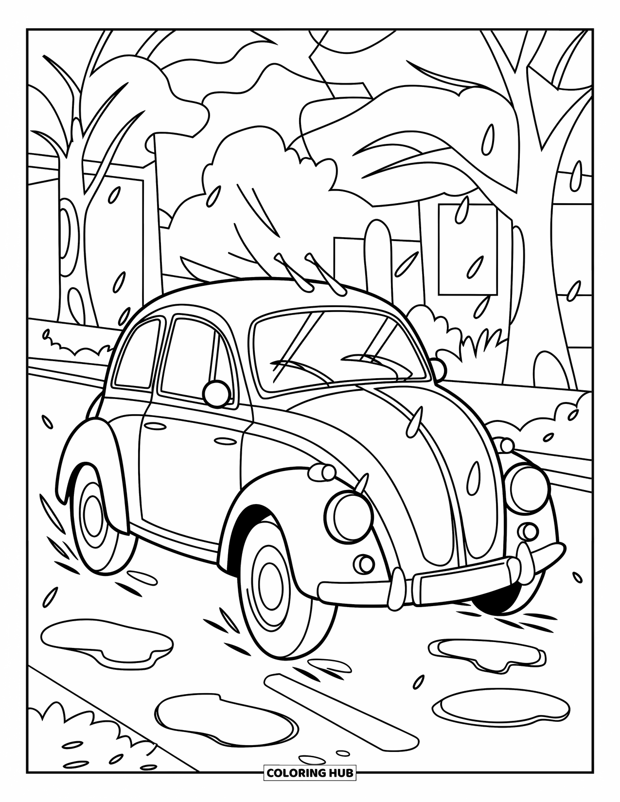 Car Coloring Page for Kids: A vintage car drives through the rain with wipers on and puddles along the road