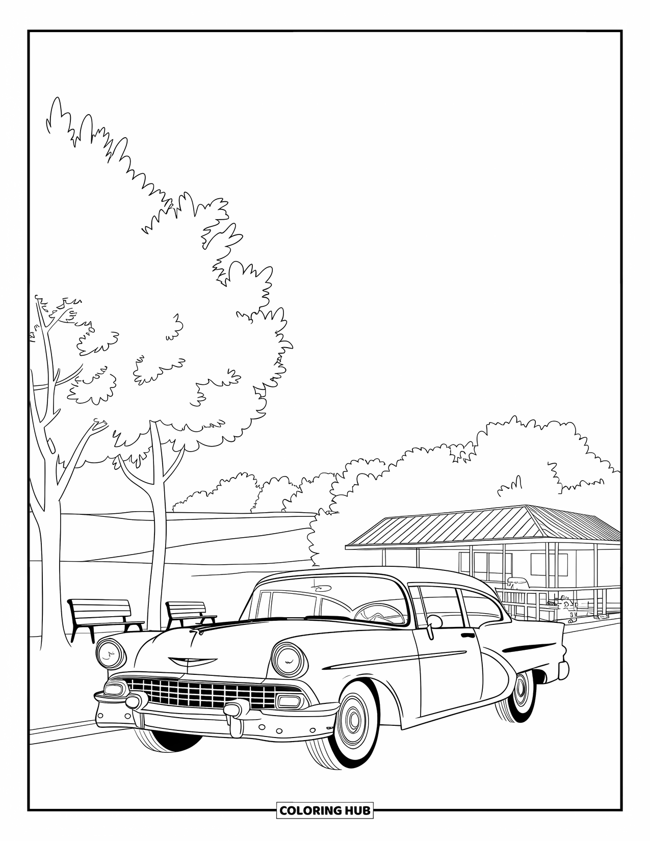 Car Coloring Page for Kids: A vintage car parks by a diner with benches, trees, and rolling hills in view