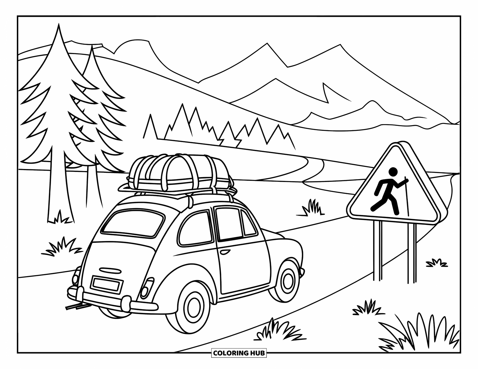 Car Coloring Page for Kids: A vintage family car with luggage heads to a hiking trail through mountains and trees