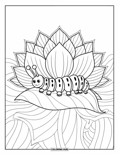 Fargeleggingsark med larve for voksne: En larve er plassert i sentrum av en lotus-mandala med detaljerte blomsterblad-design