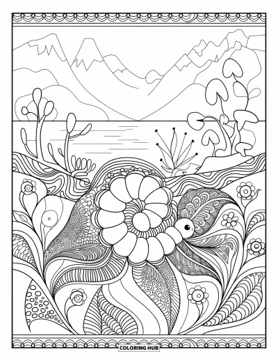 Fargeleggingsark med larve for voksne: En larve ligger i hjertet av en floral zentangle-hage med en naturskjønn ramme