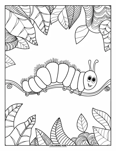 Fargeleggingsark med larve for voksne: En larve ligger rolig på en ranke omgitt av bladrike zentangle-spiraler