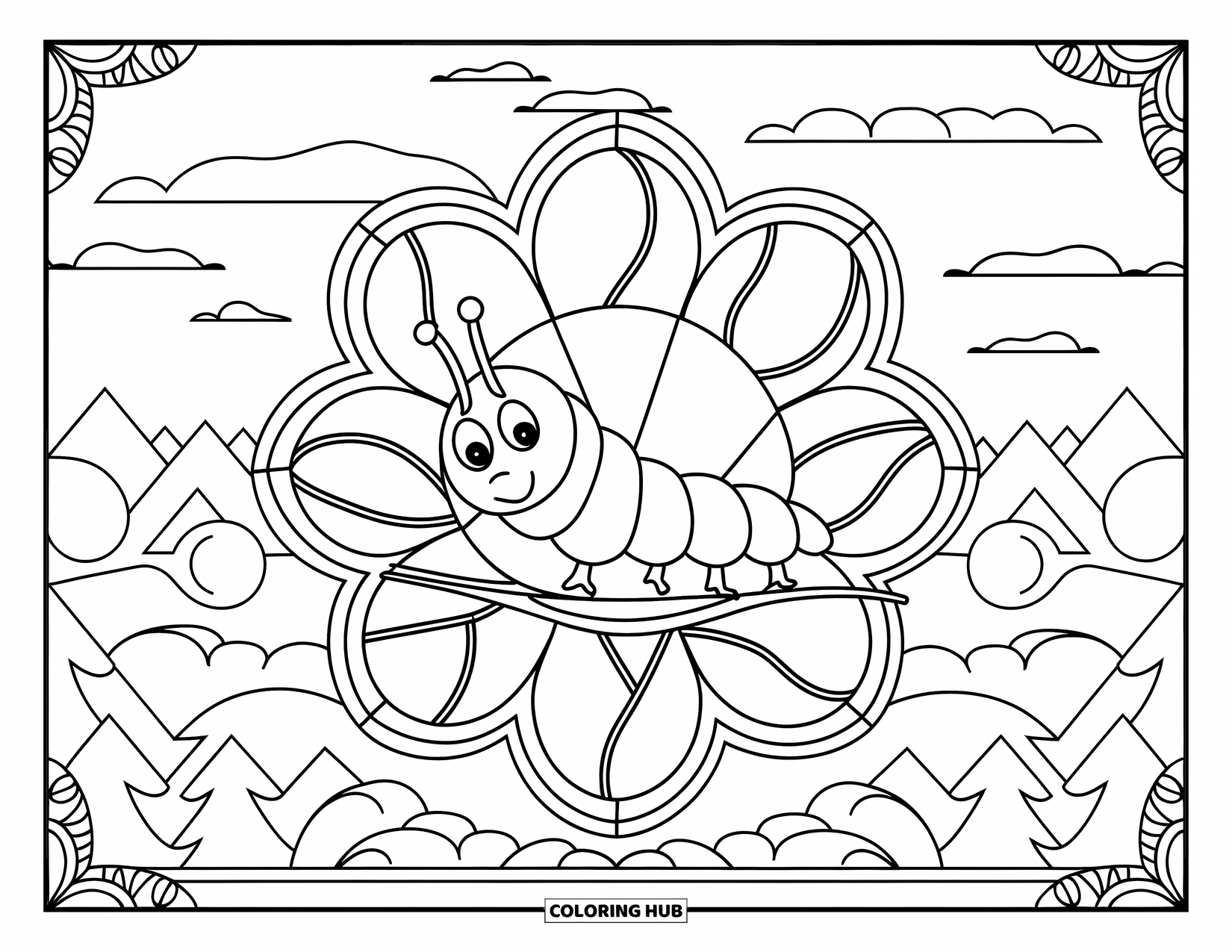 Desenho de lagarta para colorir para adultos: Uma lagarta descansa em uma janela de flor emoldurada por padrões e uma vista suave da montanha
