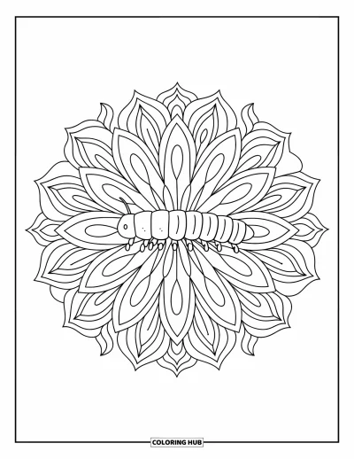 Fargeleggingsark med larve for voksne: En larve hviler i midten av en blomstermandala med blomsterblad-design