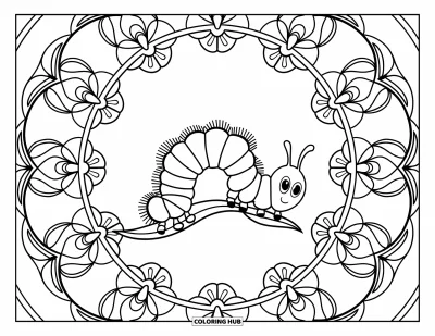 Fargeleggingsark med larve for voksne: En larve hviler på et blad omgitt av ringer av blomstermandalas og ranker
