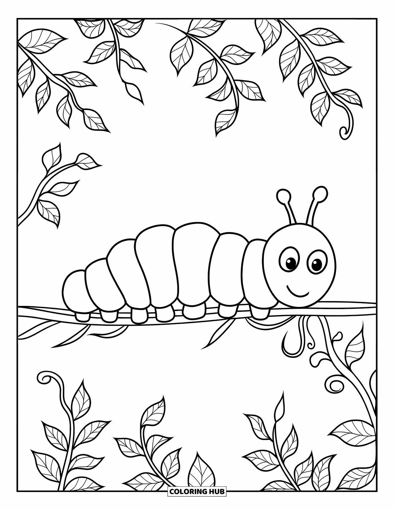 Desenho de Lagarta para Colorir para Adultos: Uma lagarta descansa em uma videira com padrões de folhas girando ao seu redor