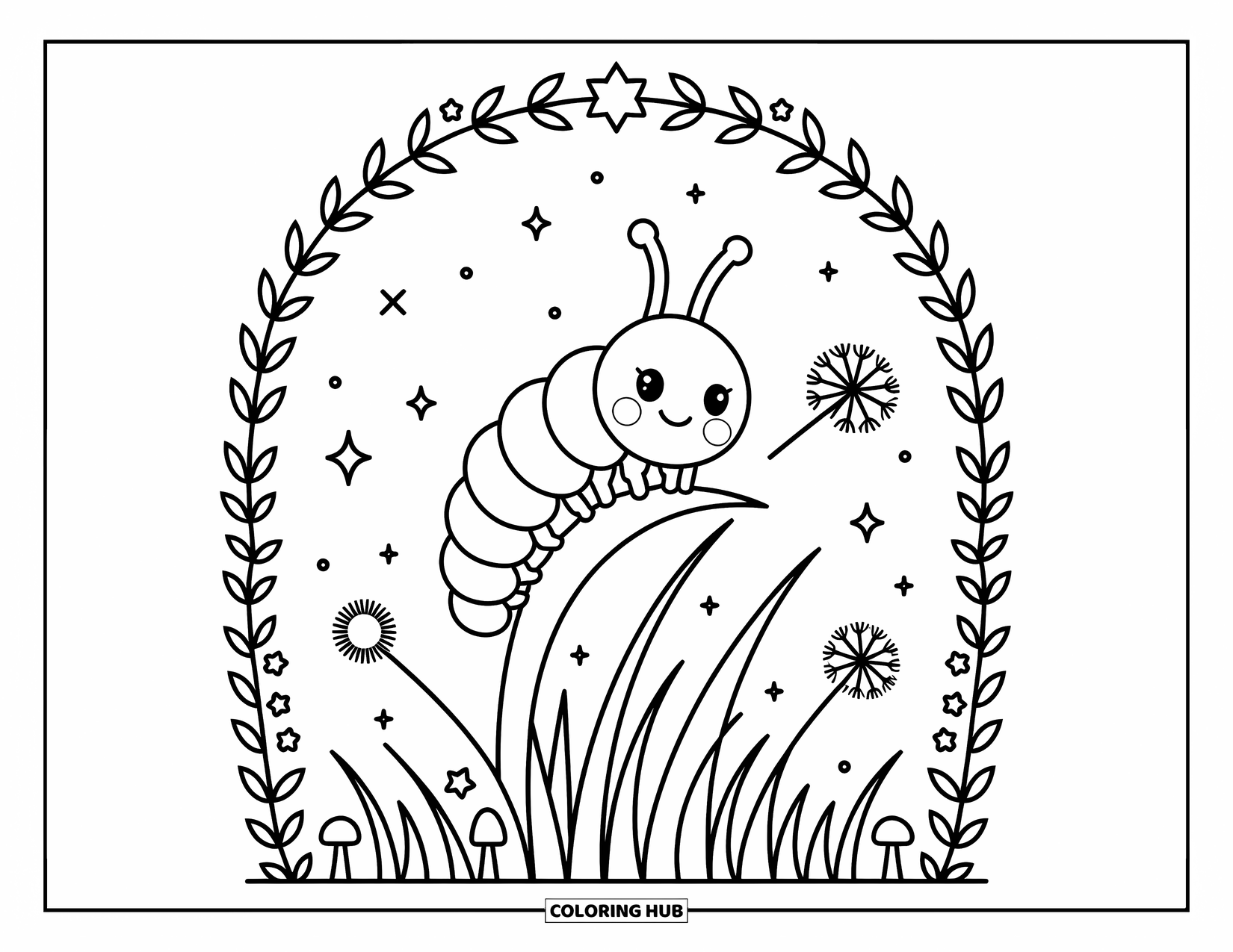 Desenho de Lagarta para Colorir para Adultos: Uma lagarta alegre descansa na grama enquanto um dente-de-leão flutua nas proximidades com detalhes de borda lúdicos