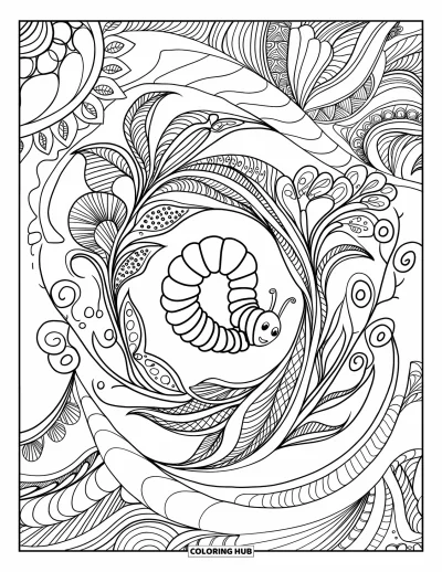 Fargeleggingsark med larve for voksne: En krøllet larve hviler i en zentangle-hage av svingende blomster og blader