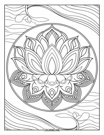 Fargeleggingsark med larve for voksne: En lotus-mandala omgir en larve med ringer av blomsterblader og en rolig hvit bakgrunn