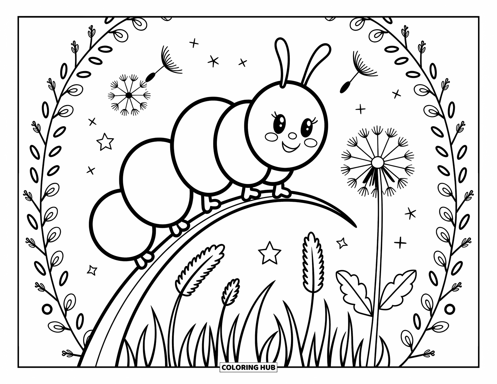 Desenho de lagarta para colorir para adultos: Uma lagarta orgulhosa senta-se em uma alta folha de grama ao lado de um dente-de-leão flutuante