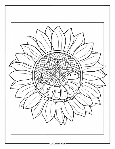 Fargeleggingsark med larve for voksne: En solsikke-mandala omgir en larve som sitter på blomsterbladene