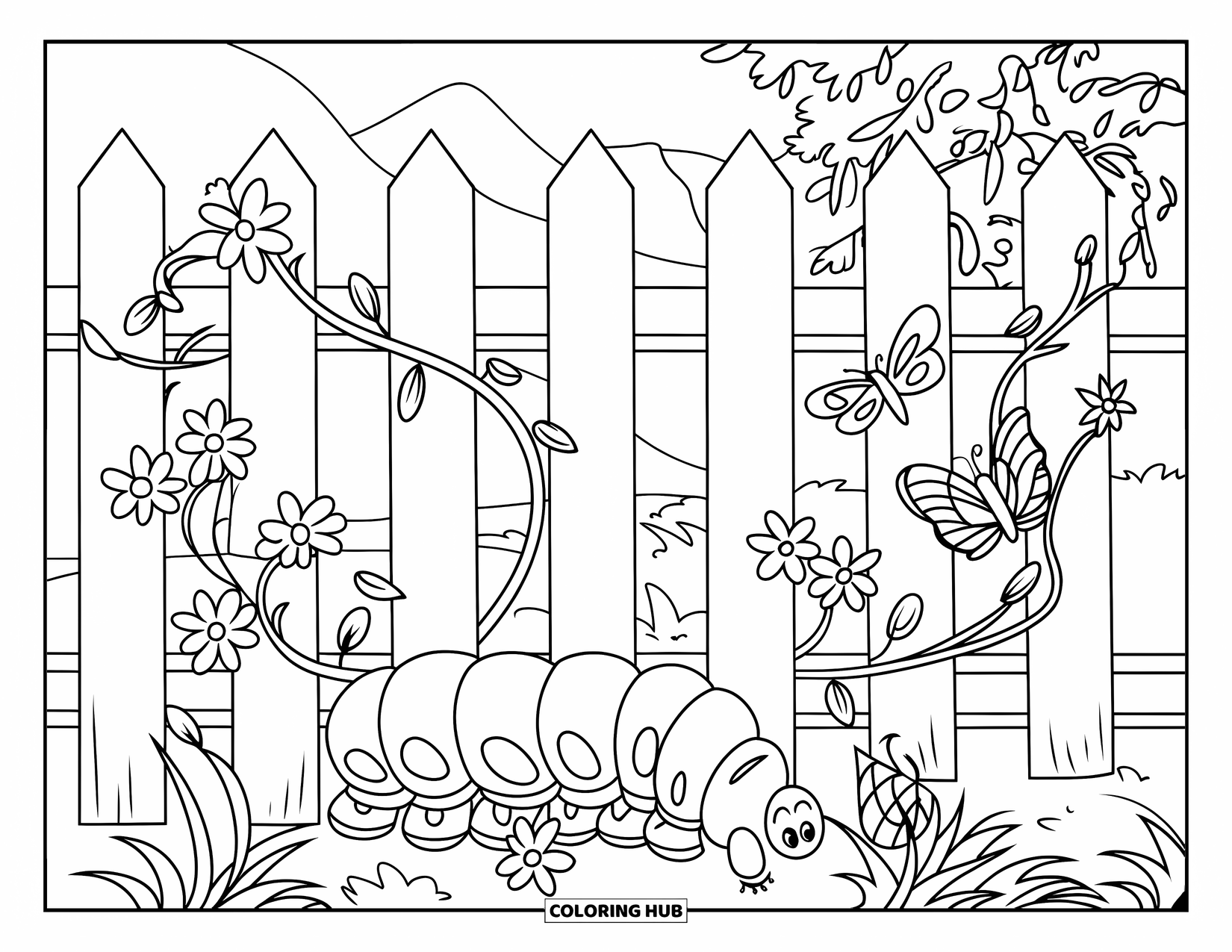 Desenho de Lagarta para Colorir para Crianças: Uma borboleta esvoaça perto de uma lagarta sob uma cerca com flores e videiras