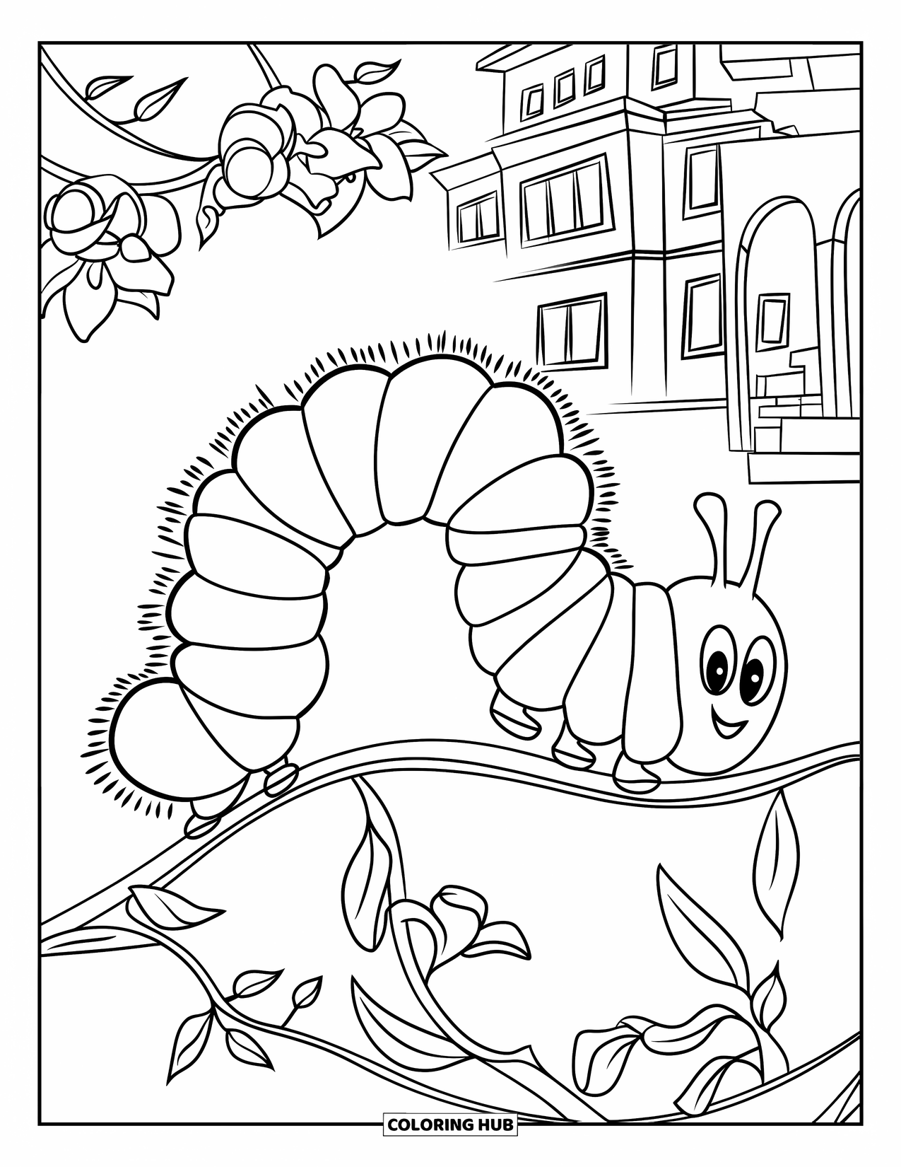 Desenho de Lagarta para Colorir para Crianças: Uma lagarta se move através de uma videira cheia de flores perto de um edifício