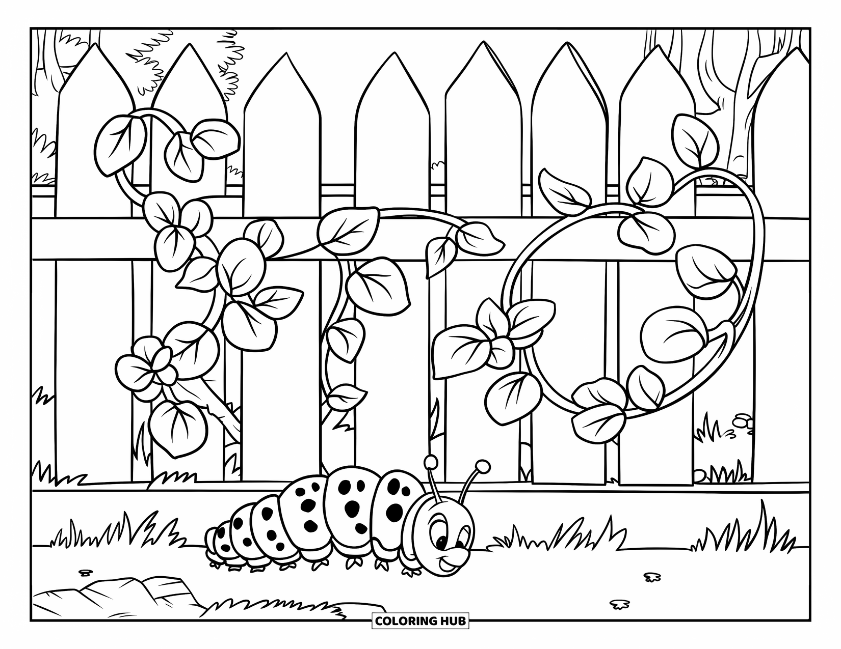 Desenho de Lagarta para Colorir para Crianças: Uma lagarta se move sob uma cerca coberta de videiras perto de um edifício distante