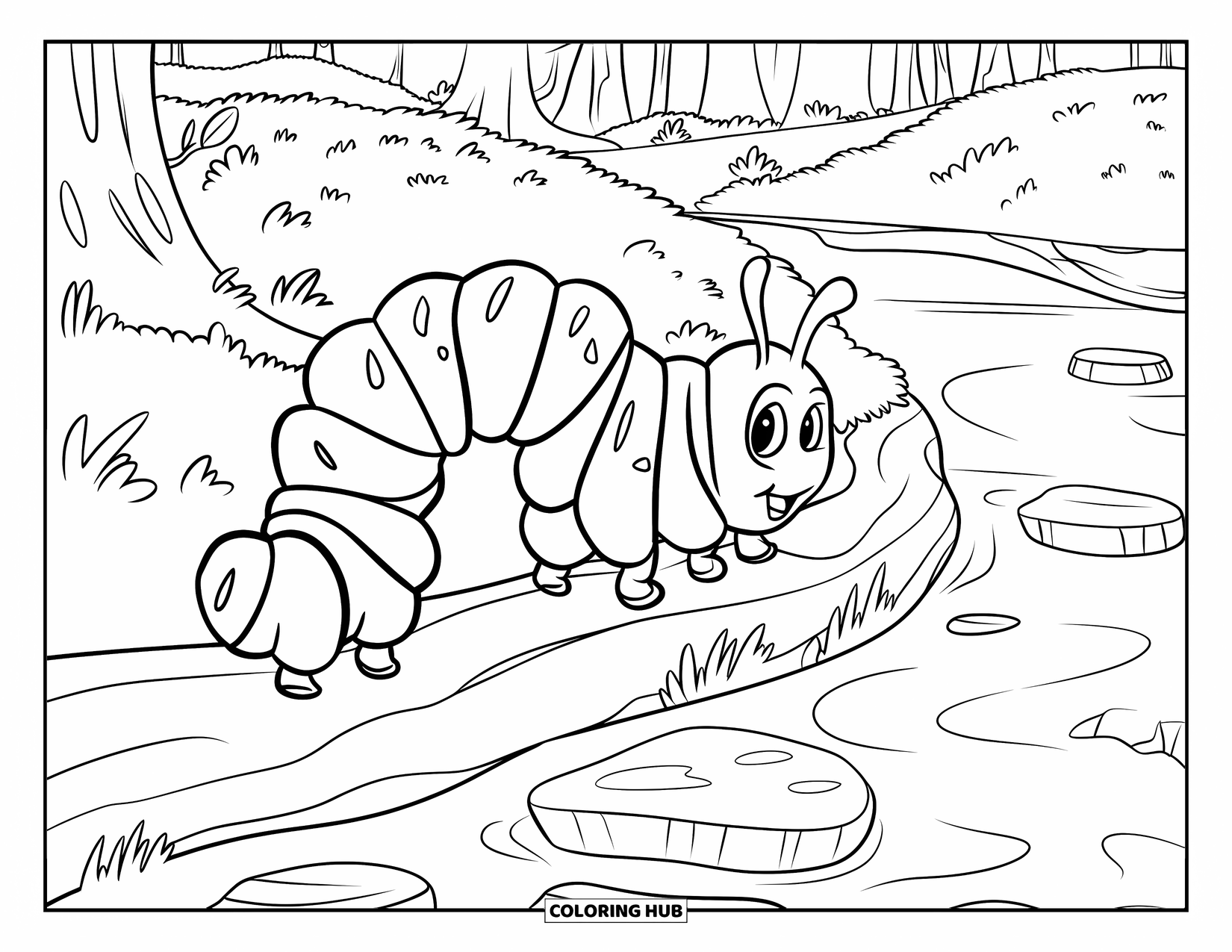 Desenho de Lagarta para Colorir para Crianças: Uma lagarta com muitos segmentos rasteja ao lado de um riacho que flui na floresta