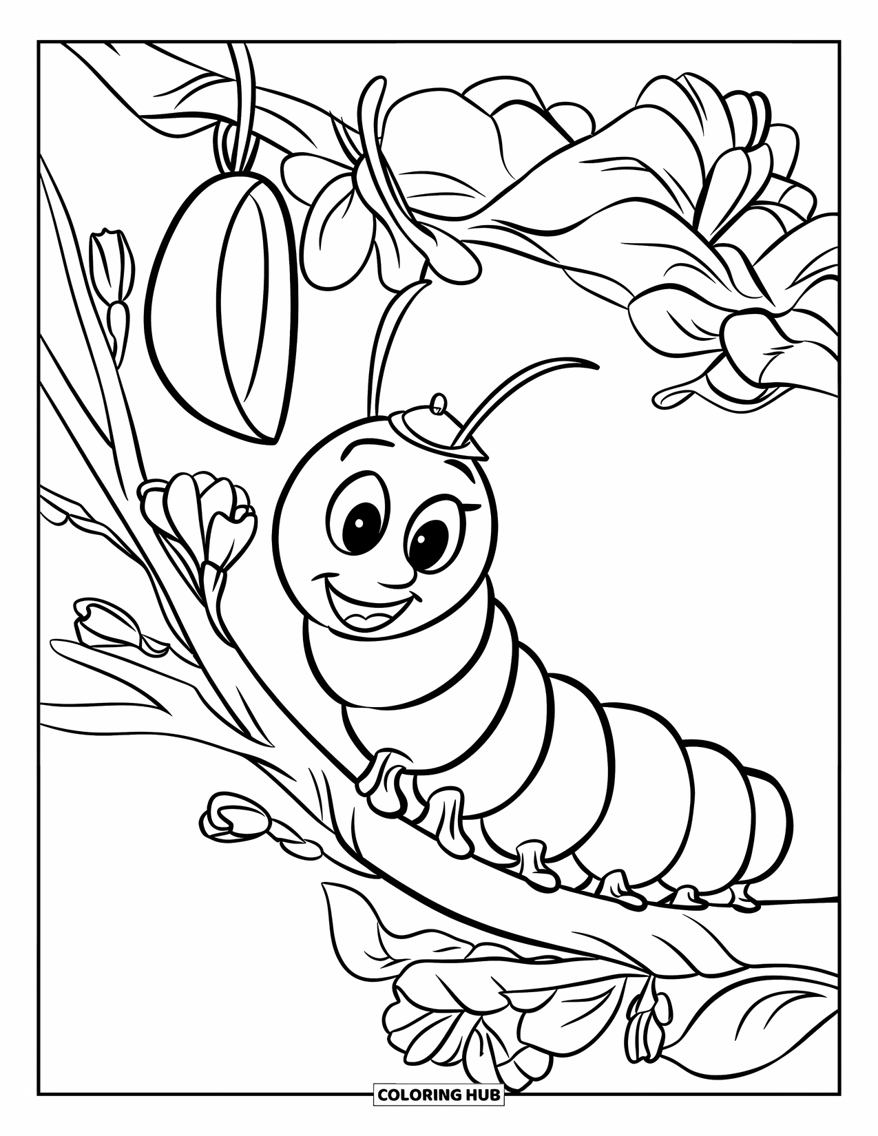 Desenho de Lagarta para Colorir para Crianças: Uma lagarta feliz de chapéu rasteja em direção a uma crisálida em um galho de flor