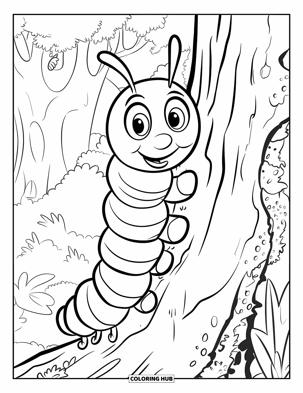 Desenho de Lagarta para Colorir para Crianças: Uma lagarta feliz com olhos grandes escala um tronco cheio de insetos e musgo