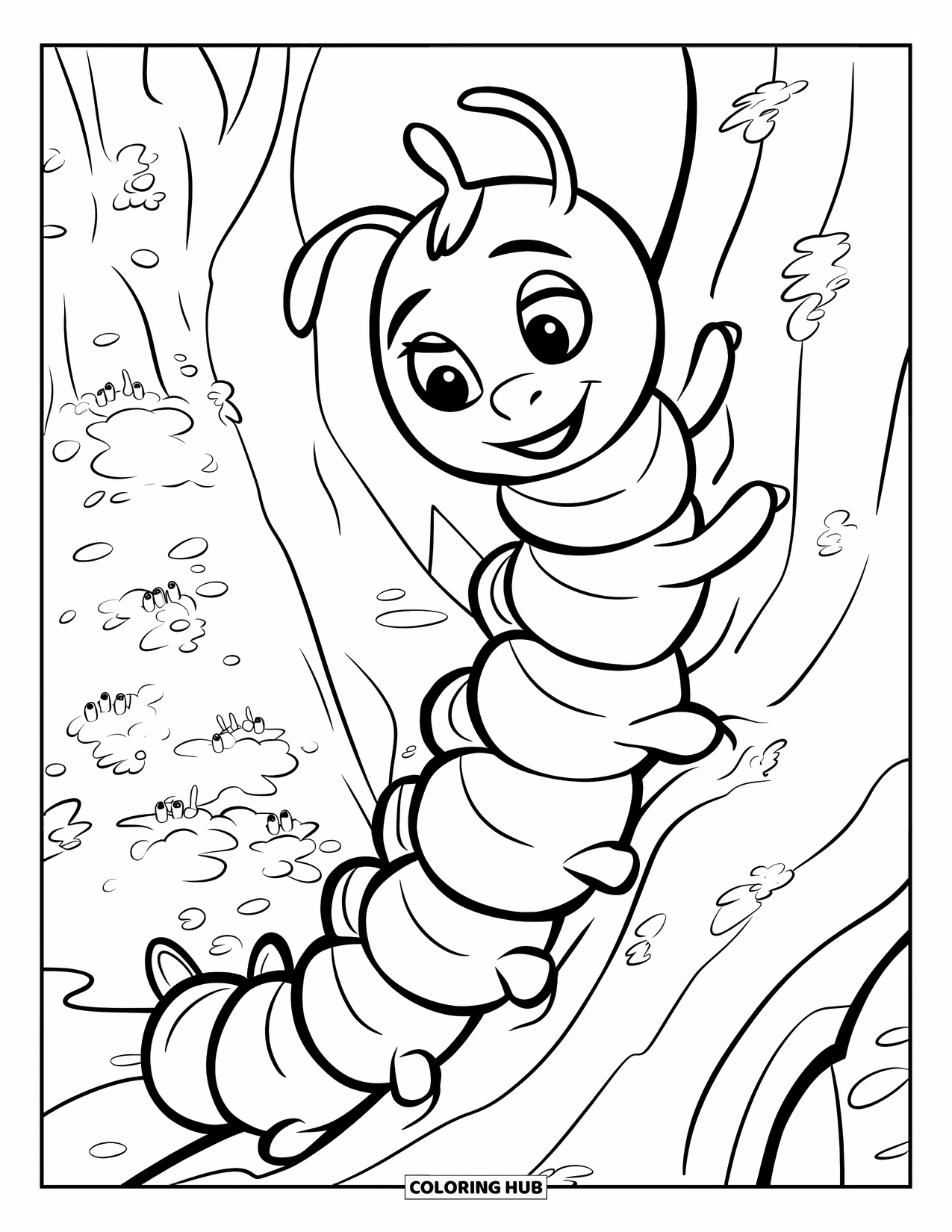Desenho de Lagarta para Colorir para Crianças: Uma lagarta sorridente de chapéu escala um tronco de árvore musgoso com insetos ao redor