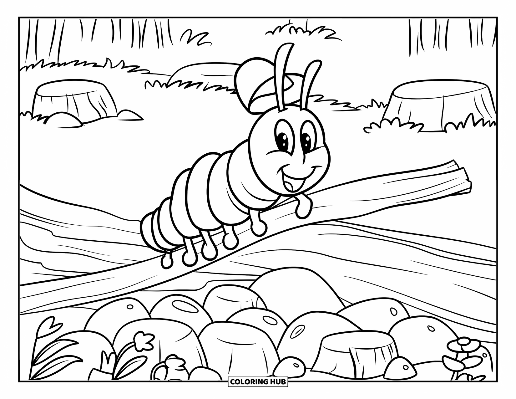 Desenho de Lagarta para Colorir para Crianças: Uma lagarta sorridente de chapéu rasteja sobre um tronco perto de folhas e flores