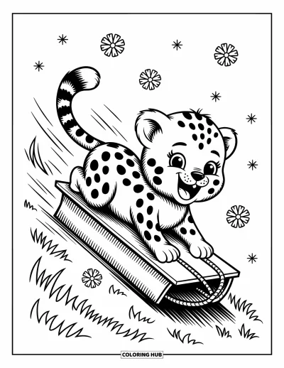 Coloriage Guépard pour adultes : Un bébé guépard glisse vers le bas avec joie, traînant des fleurs et des bulles de dialogue dans la brise